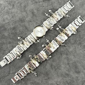 Faith Love Hope Dangle Silver Gold Tone Charm Womens Bracelet & Watch 7.5" READ!